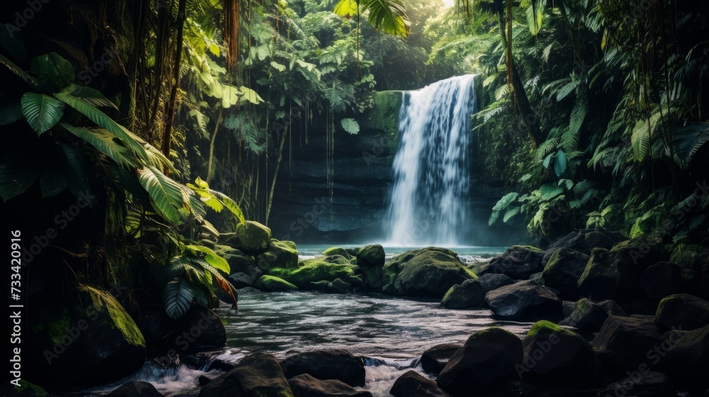 A lush waterfall hidden in a tropical jungle A lush waterfall hidden in a tropical jungle