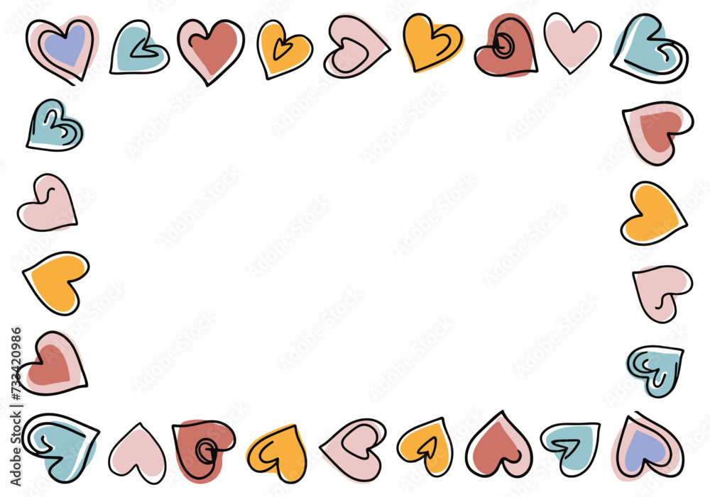 Colorful hearts frame vector illustration isolated on white background. Decoration for Valentines day card, banner, overlay, invitations. Festive design element with copy space for text.