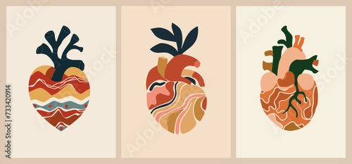 Set of abstract Heart posters. Trendy retro wall arts of anatomic hearts with boho elements. Modern naive groovy funky Mid Century modern interior decorations, paintings. Vector art illustration.