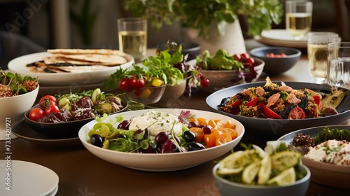 A mediterranean style table setting with mezze platters