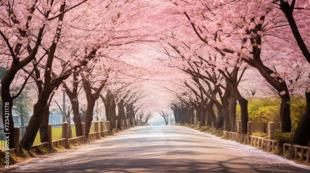 A road lined with blooming cherry blossoms