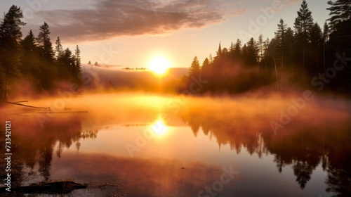 A radiant sunrise over a mist covered lake © Cloudyew