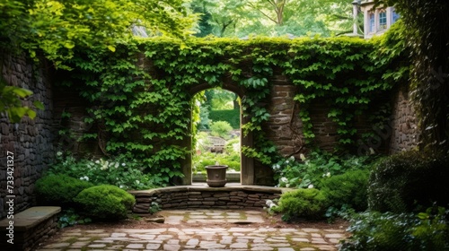 A secret garden with an ivy covered stone wall