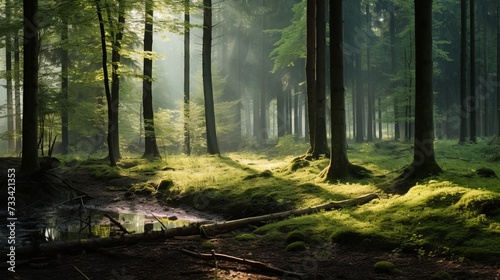 A serene forest landscape with dappled sunlight filtering through the trees