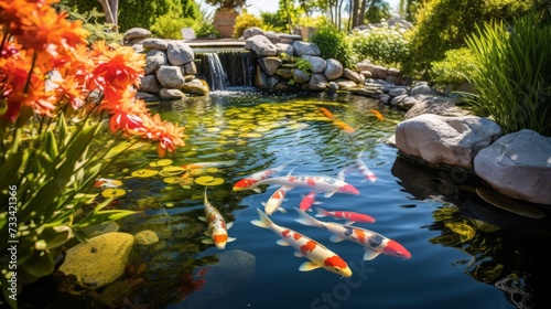 A serene koi pond with water lilies in bloom