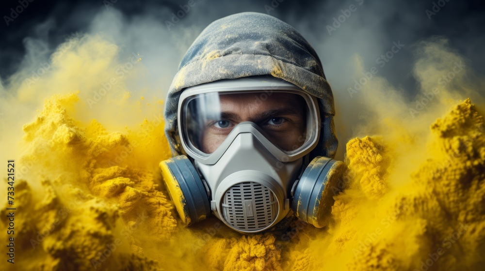 Professional construction worker in dust mask amidst glass wool dust on construction site Professional construction worker in dust mask amidst glass wool dust on construction site