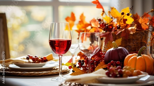 A thanksgiving table adorned with fall foliage
