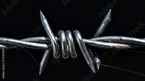 Closeup of metal barbed wire on black background photo
