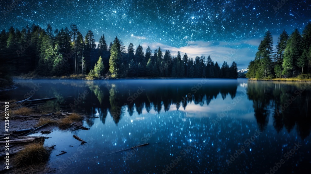A tranquil lake with stars reflected on the surface