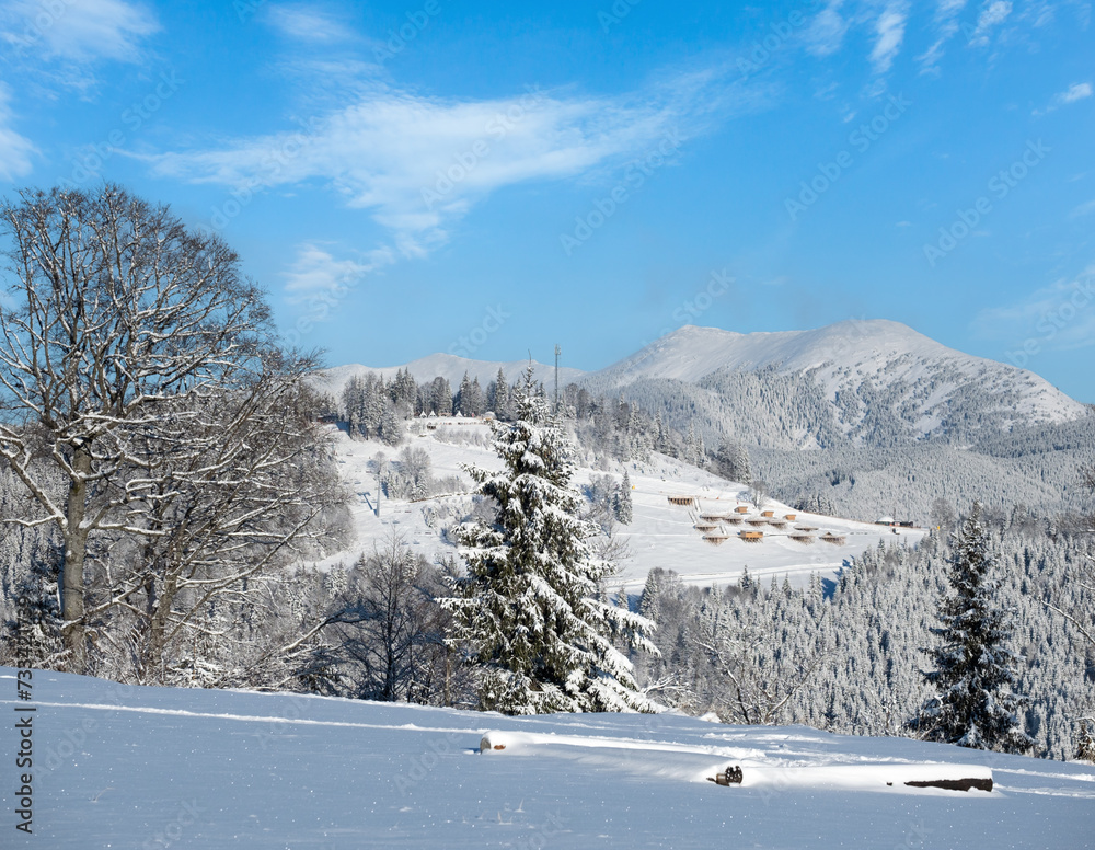 Obraz premium Winter Gorgany massiv mountains scenery view from Yablunytsia pass, Carpathians, Ukraine.