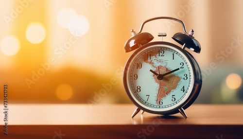 Retro alarm clock on wooden table with bokeh background.