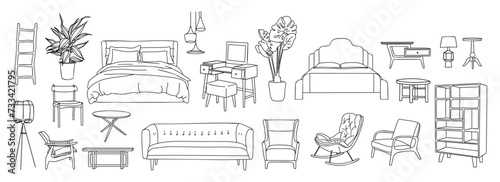 Collection of elegant modern furniture and home interior decorations of trendy Mid Century modern retro 70s t style hand drawn black sketch isolated on white background. Monochrome vector illustration