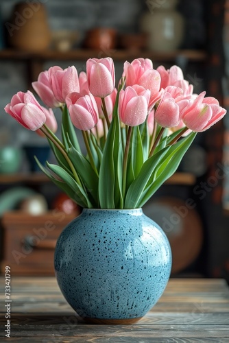 A spring bouquet of tulips in a decorative vase against a wooden background. © Andrii Zastrozhnov