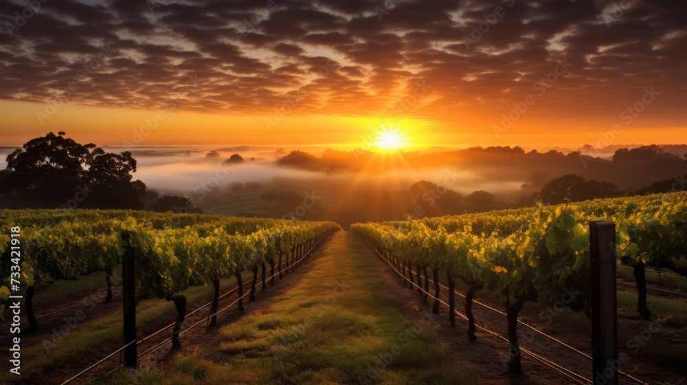 A vineyard with rows of grapevines at sunrise