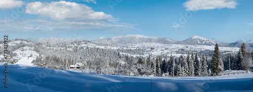 Winter Gorgany massiv mountains scenery view from Yablunytsia pass, Carpathians, Ukraine. photo