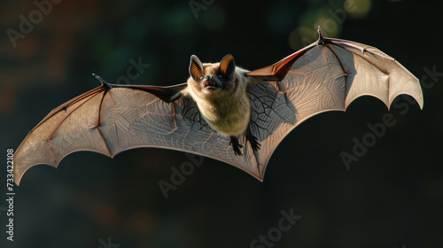 Animal little brown bat flying. The grey long-eared bat is a fairly large European bat. It has distinctive ears, long and with a distinctive fold. It hunt above woodland. Flying bat on dark background photo