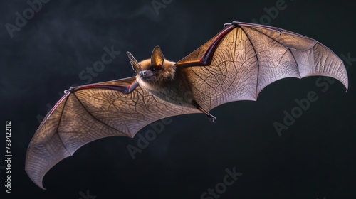 Animal little brown bat flying. The grey long-eared bat is a fairly large European bat. It has distinctive ears, long and with a distinctive fold. It hunt above woodland. Flying bat on dark background