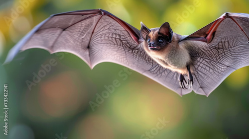 Animal little brown bat flying. The grey long-eared bat is a fairly large European bat. It has distinctive ears, long and with a distinctive fold. It hunt above woodland. Flying bat on dark background photo