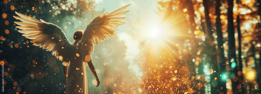 Panorama of a Gods celestial angel with open wings looking at the sunset Generative AI Illustration - obrazy, fototapety, plakaty 