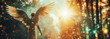 Panorama of a Gods celestial angel with open wings looking at the sunset Generative AI Illustration