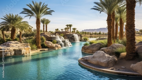 Captivating desert oasis with palm trees and blue waters