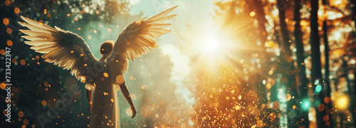 Panorama of a Gods celestial angel with open wings looking at the sunset Generative AI Illustration photo