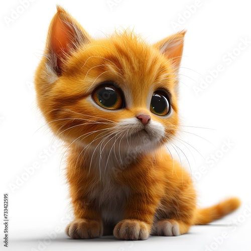 Cute Orange Tabby Kitten with Big Eyes flat logo 3d rendering cartoon character on isolated background