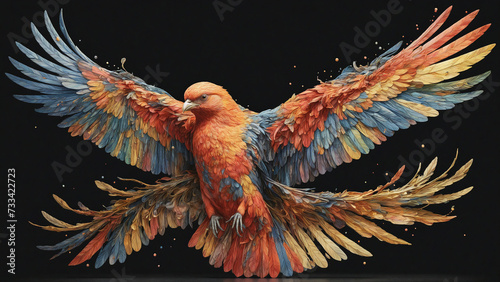 Very colorful and detailed illustration of a decorated bird spreading its wings while flying © Christoph Burgstedt