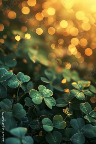 Abstract green blurred background with clovers and round bokeh for st patrick's day celebration 