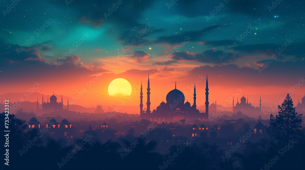 Ramadan festival poster design. A beautiful view in the evening time of the mosque