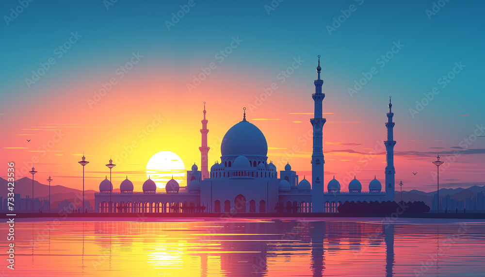 Sunset time and after raining clear blue sky and beautiful mosque evening view