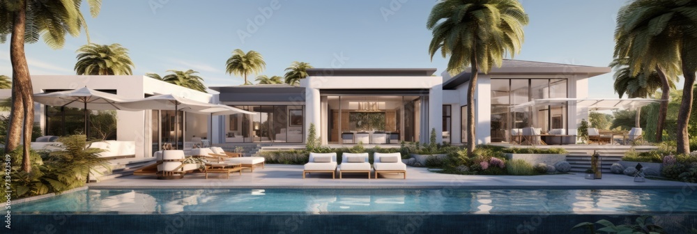 Luxury House With Palm Tree Surrounded Pool. Generative AI.