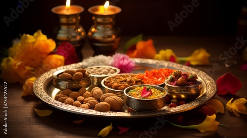 Decorated diwali puja thali with offerings