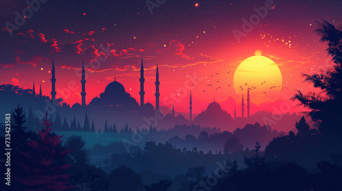 Flat illustration of the mosque from sunset time and birds flying through the clouds