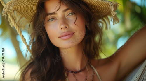 Portrait of beautiful woman in sun hat on tropical beach vacation. Travel concept