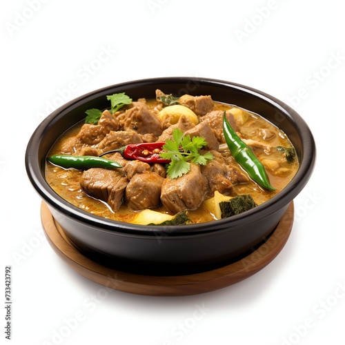 a tuna fish curry is a traditional dish from padang indonesia, studio light , isolated on white background