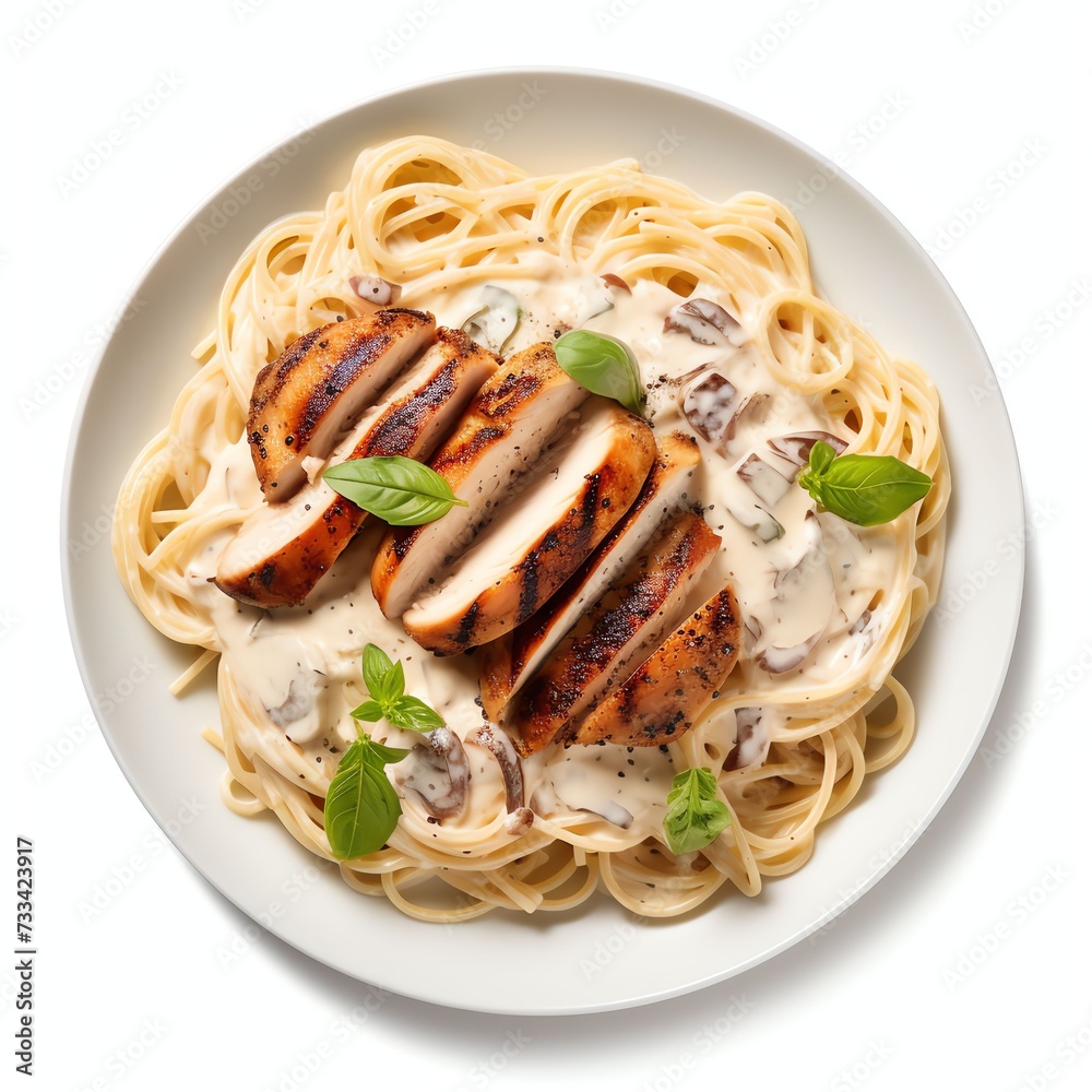 a Spaghetti white creamy sauce with grilled chicken, studio light , isolated on white background