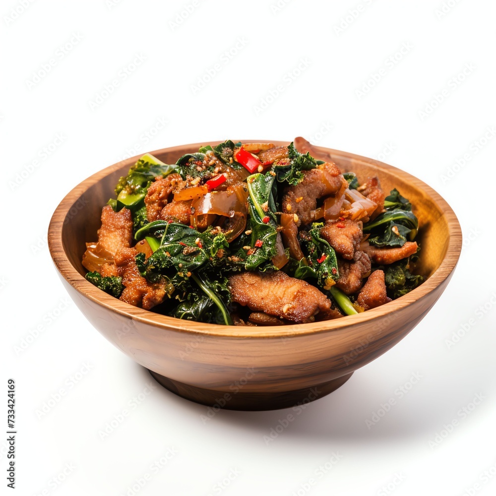 a pfStir fried kale, spicy crispy pork on wooden table thai food conceptdsdf, studio light