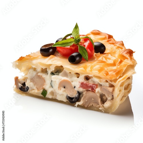 a piece of chicken pie with cottage cheese tomatoes onion and olives, studio light