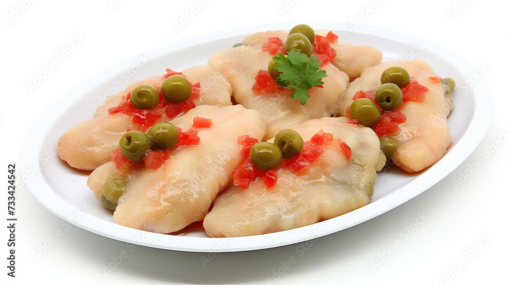 Elevating Eats: Divine Chicken Delight With Sauce and Green Olives on a Pure White Plate Elevating Eats: Divine Chicken Delight With Sauce and Green Olives on a Pure White Plate