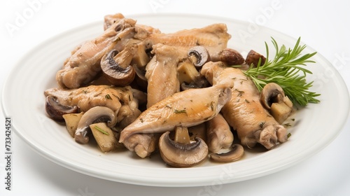 Gastronomic Symphony: A Heavenly Blend of Tender Chicken and Exquisite Mushrooms on a Glistening White Plate