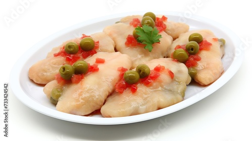 Elevating Eats: Divine Chicken Delight With Sauce and Green Olives on a Pure White Plate