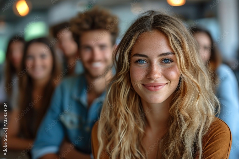 A sitting, smiling blonde woman taking a joyful selfie with a diverse group of friends indoors. A sitting, smiling blonde woman taking a joyful selfie with a diverse group of friends indoors.
