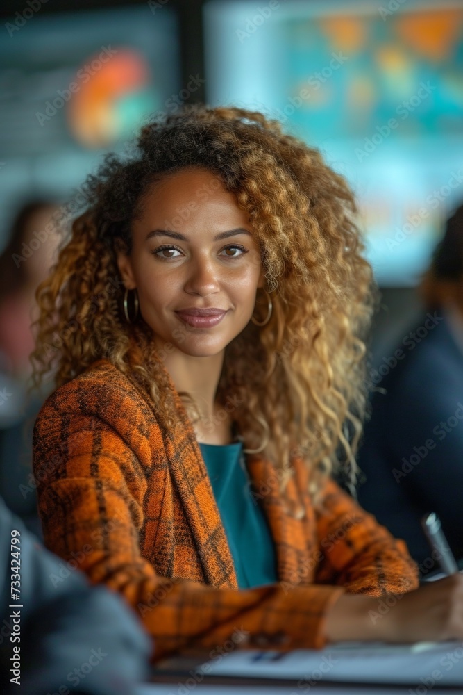 A cheerful and confident young businesswoman with curly black hair, radiating professionalism and positivity. A cheerful and confident young businesswoman with curly black hair, radiating professionalism and positivity.