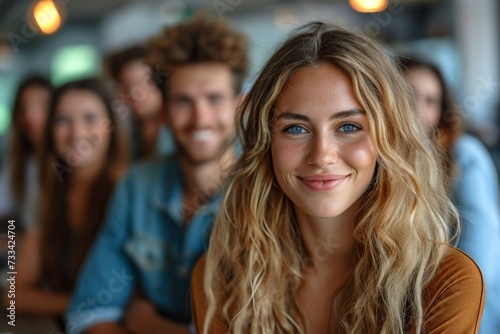 A sitting, smiling blonde woman taking a joyful selfie with a diverse group of friends indoors.