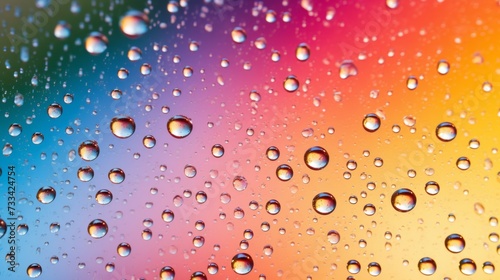 Raindrops glistening on a window with a rainbow in the background