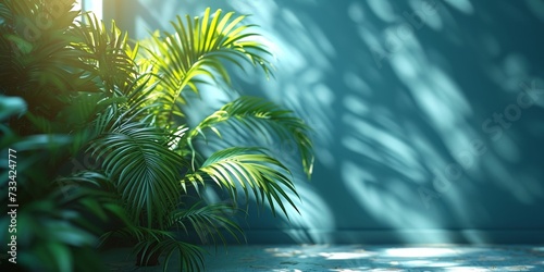Sunlit palm leaves create a vibrant pattern against a bright blue background.