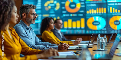 A business team engaged in a meeting, collaborating on analytic data and strategies in a modern office setting.