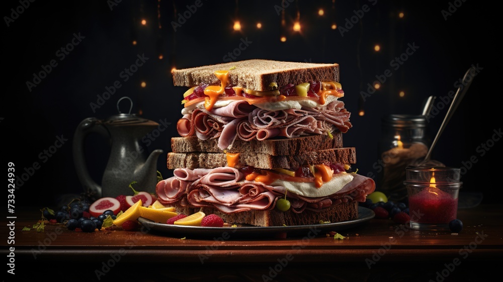 Towering Delights: A Culinary Masterpiece of a Sandwich Perches Majestically on a Plate