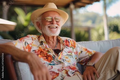 A stylish senior citizen sporting a cowboy hat and sunglasses sits with a smile in the outdoor sun, adding a touch of fashion to his ensemble with a sombrero photo